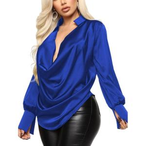 imageLYANER Womens Satin Collar Neck Drape Ruched Front Long Sleeve Blouse Shirt TopRoyal Blue