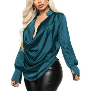imageLYANER Womens Satin Collar Neck Drape Ruched Front Long Sleeve Blouse Shirt TopTeal Blue