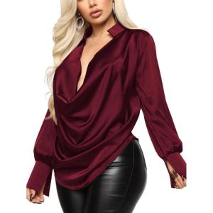 imageLYANER Womens Satin Collar Neck Drape Ruched Front Long Sleeve Blouse Shirt TopWine Red