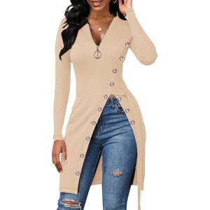 imageLYANER Womens Sexy Zip Up V Neck Long Sleeve Side Split Asymmetrical Hem Longline Tunic Blouse TopBeige