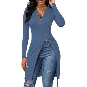 imageLYANER Womens Sexy Zip Up V Neck Long Sleeve Side Split Asymmetrical Hem Longline Tunic Blouse TopBlue