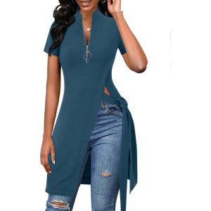 imageLYANER Womens Sexy Zip Up V Neck Long Sleeve Side Split Asymmetrical Hem Longline Tunic Blouse TopDeep Teal Blue