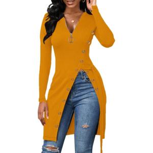 imageLYANER Womens Sexy Zip Up V Neck Long Sleeve Side Split Asymmetrical Hem Longline Tunic Blouse TopGinger