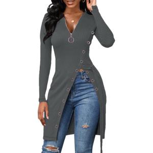 imageLYANER Womens Sexy Zip Up V Neck Long Sleeve Side Split Asymmetrical Hem Longline Tunic Blouse TopGray