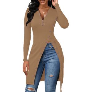 imageLYANER Womens Sexy Zip Up V Neck Long Sleeve Side Split Asymmetrical Hem Longline Tunic Blouse TopKhaki