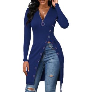 imageLYANER Womens Sexy Zip Up V Neck Long Sleeve Side Split Asymmetrical Hem Longline Tunic Blouse TopNavy