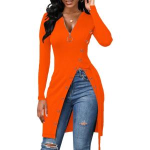 imageLYANER Womens Sexy Zip Up V Neck Long Sleeve Side Split Asymmetrical Hem Longline Tunic Blouse TopNeon Orange