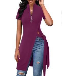 imageLYANER Womens Sexy Zip Up V Neck Long Sleeve Side Split Asymmetrical Hem Longline Tunic Blouse TopPurplish Red