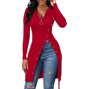 imageLYANER Womens Sexy Zip Up V Neck Long Sleeve Side Split Asymmetrical Hem Longline Tunic Blouse TopRed