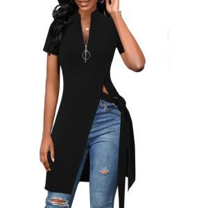 imageLYANER Womens Sexy Zip Up V Neck Long Sleeve Side Split Asymmetrical Hem Longline Tunic Blouse TopShort Sleeve Black