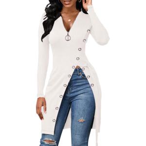 imageLYANER Womens Sexy Zip Up V Neck Long Sleeve Side Split Asymmetrical Hem Longline Tunic Blouse TopWhite