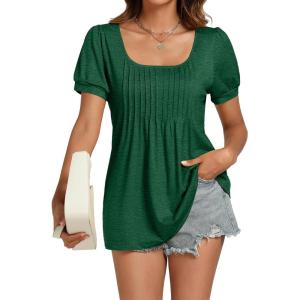 imageLYANER Womens Square Neck Tunic Top Puff Short Sleeve Pleated Flowy TShirtsGreen