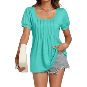 imageLYANER Womens Square Neck Tunic Top Puff Short Sleeve Pleated Flowy TShirtsPeacock Green