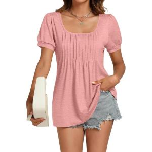 imageLYANER Womens Square Neck Tunic Top Puff Short Sleeve Pleated Flowy TShirtsPink