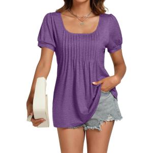 imageLYANER Womens Square Neck Tunic Top Puff Short Sleeve Pleated Flowy TShirtsPurple