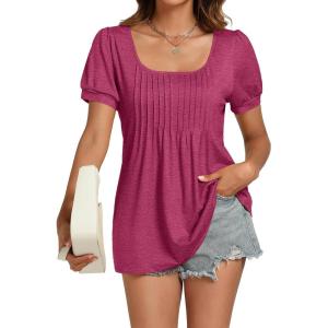 imageLYANER Womens Square Neck Tunic Top Puff Short Sleeve Pleated Flowy TShirtsRose