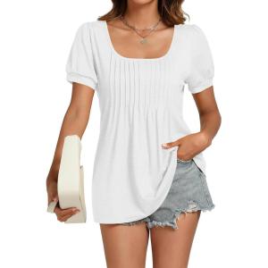 imageLYANER Womens Square Neck Tunic Top Puff Short Sleeve Pleated Flowy TShirtsWhite