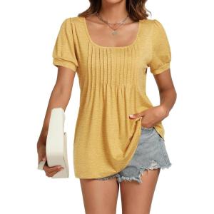 imageLYANER Womens Square Neck Tunic Top Puff Short Sleeve Pleated Flowy TShirtsYellow