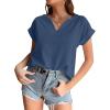 imageLYANER Womens Casual Notched V Neck Rolled Short Sleeve Work Blouse TShirt TopDusty Blue