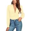 imageLYANER Womens Deep V Neck Pleated Ruched Sheer Puff Long Sleeve Bodysuit Leotard TopBeige