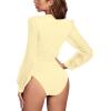 imageLYANER Womens Deep V Neck Pleated Ruched Sheer Puff Long Sleeve Bodysuit Leotard TopBeige