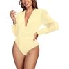 imageLYANER Womens Deep V Neck Pleated Ruched Sheer Puff Long Sleeve Bodysuit Leotard TopBeige