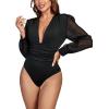 imageLYANER Womens Deep V Neck Pleated Ruched Sheer Puff Long Sleeve Bodysuit Leotard TopBlack