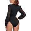 imageLYANER Womens Deep V Neck Pleated Ruched Sheer Puff Long Sleeve Bodysuit Leotard TopBlack