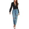 imageLYANER Womens Deep V Neck Pleated Ruched Sheer Puff Long Sleeve Bodysuit Leotard TopBlack