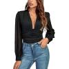 imageLYANER Womens Deep V Neck Pleated Ruched Sheer Puff Long Sleeve Bodysuit Leotard TopBlack