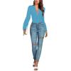 imageLYANER Womens Deep V Neck Pleated Ruched Sheer Puff Long Sleeve Bodysuit Leotard TopBlue