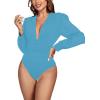 imageLYANER Womens Deep V Neck Pleated Ruched Sheer Puff Long Sleeve Bodysuit Leotard TopBlue