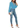 imageLYANER Womens Deep V Neck Pleated Ruched Sheer Puff Long Sleeve Bodysuit Leotard TopBlue