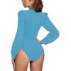 imageLYANER Womens Deep V Neck Pleated Ruched Sheer Puff Long Sleeve Bodysuit Leotard TopBlue