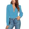 imageLYANER Womens Deep V Neck Pleated Ruched Sheer Puff Long Sleeve Bodysuit Leotard TopBlue
