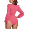 imageLYANER Womens Deep V Neck Pleated Ruched Sheer Puff Long Sleeve Bodysuit Leotard TopCoral Pink