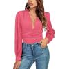 imageLYANER Womens Deep V Neck Pleated Ruched Sheer Puff Long Sleeve Bodysuit Leotard TopCoral Pink