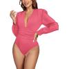 imageLYANER Womens Deep V Neck Pleated Ruched Sheer Puff Long Sleeve Bodysuit Leotard TopCoral Pink