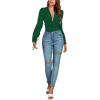 imageLYANER Womens Deep V Neck Pleated Ruched Sheer Puff Long Sleeve Bodysuit Leotard TopDark Green