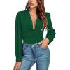 imageLYANER Womens Deep V Neck Pleated Ruched Sheer Puff Long Sleeve Bodysuit Leotard TopDark Green