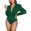 imageLYANER Womens Deep V Neck Pleated Ruched Sheer Puff Long Sleeve Bodysuit Leotard TopDark Green
