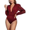imageLYANER Womens Deep V Neck Pleated Ruched Sheer Puff Long Sleeve Bodysuit Leotard TopDark Red