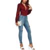 imageLYANER Womens Deep V Neck Pleated Ruched Sheer Puff Long Sleeve Bodysuit Leotard TopDark Red