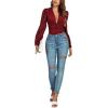 imageLYANER Womens Deep V Neck Pleated Ruched Sheer Puff Long Sleeve Bodysuit Leotard TopDark Red