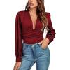imageLYANER Womens Deep V Neck Pleated Ruched Sheer Puff Long Sleeve Bodysuit Leotard TopDark Red