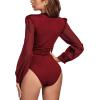 imageLYANER Womens Deep V Neck Pleated Ruched Sheer Puff Long Sleeve Bodysuit Leotard TopDark Red