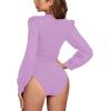 imageLYANER Womens Deep V Neck Pleated Ruched Sheer Puff Long Sleeve Bodysuit Leotard TopLight Purple