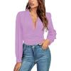 imageLYANER Womens Deep V Neck Pleated Ruched Sheer Puff Long Sleeve Bodysuit Leotard TopLight Purple