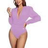 imageLYANER Womens Deep V Neck Pleated Ruched Sheer Puff Long Sleeve Bodysuit Leotard TopLight Purple