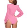 imageLYANER Womens Deep V Neck Pleated Ruched Sheer Puff Long Sleeve Bodysuit Leotard TopPink